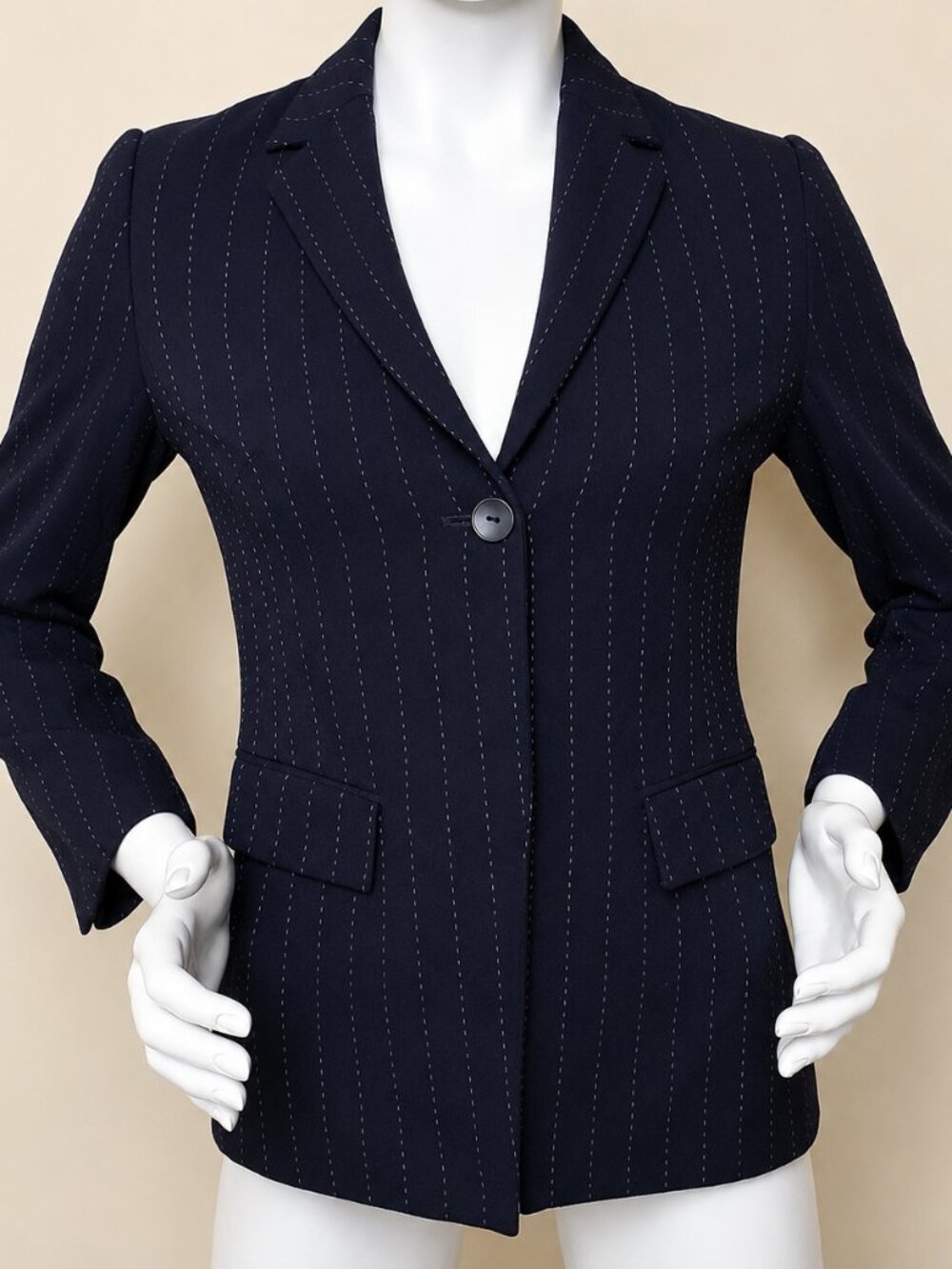 Mastina Black One Button Brown Stitching Blazer Jacket SZ 4
